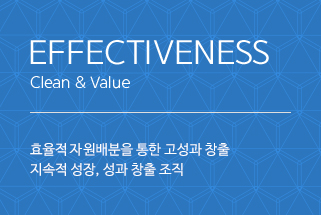 EFFECTIVENESS / clean & value / 효율적자 원배분을 통한 고성과 창출 지속적 성장, 성과 창출 조직